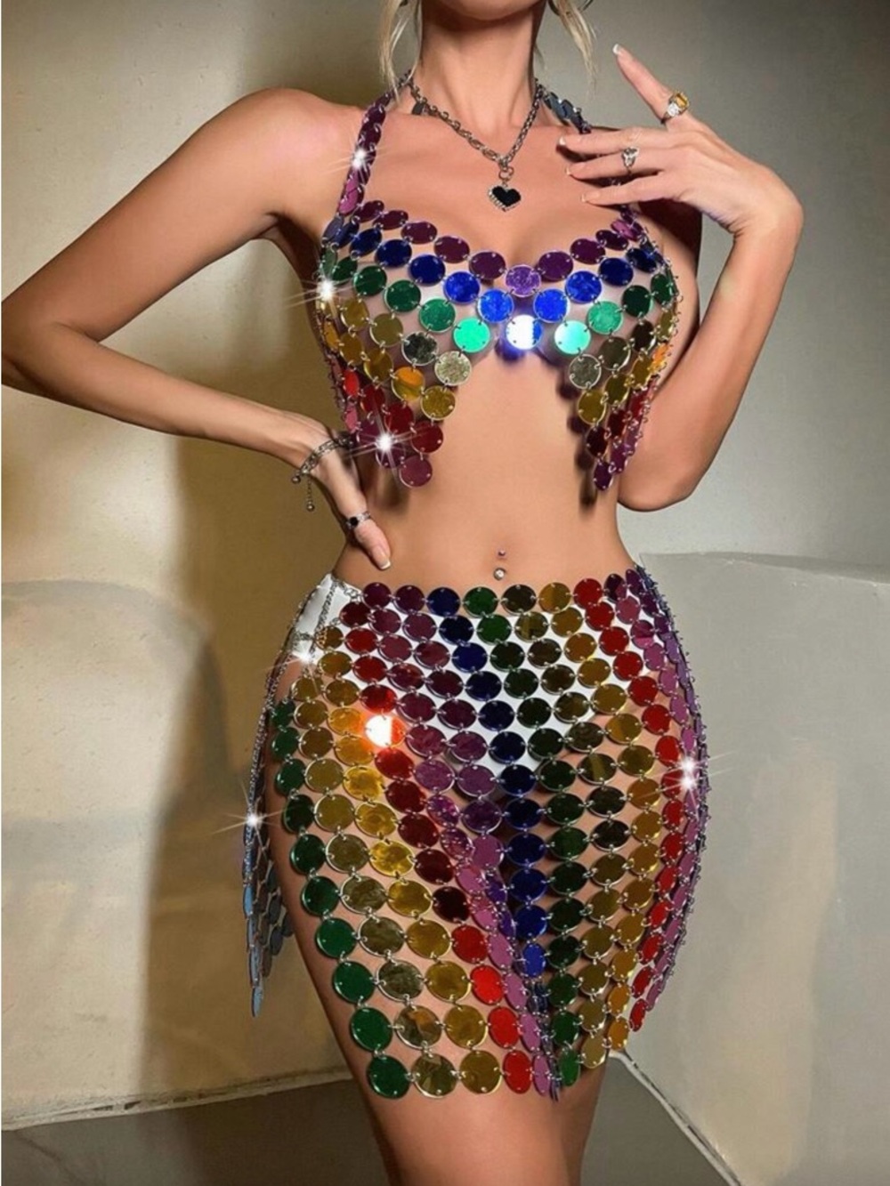 Sequin Disc Rainbow Set Top & Mini Skirt - Multicolor